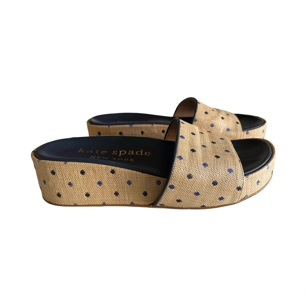 Kate Spade New York Breeze Raffia Platform Slide Sandals Polka Dot Wedge - Picture 8 of 11